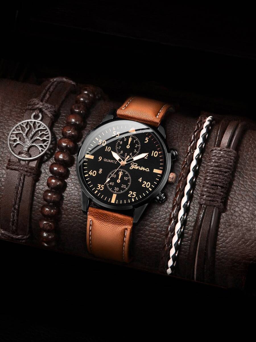 1 Đồng hồ thạch anh tròn nam và 4 vòng đeo tay - màu nâu - Xem 1