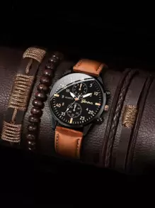 1 Đồng Hồ Thạch Anh Họa Tiết Đường May Nam & 3 Vòng Tay Nhiều Lớp Làm Quà Tặng Cho Học Sinh Trở Lại Trường Học - màu nâu - Xem 1