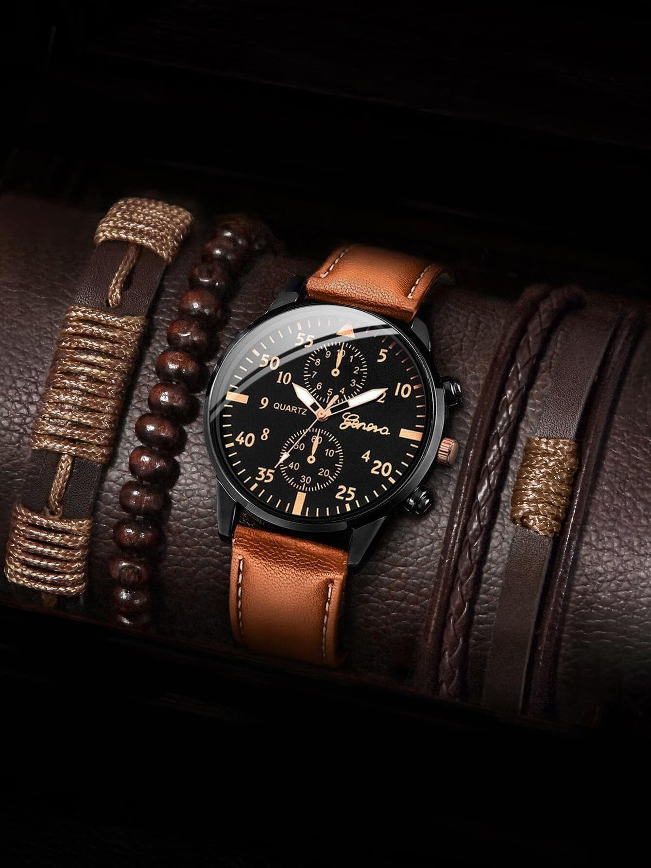 1 Đồng Hồ Thạch Anh Họa Tiết Đường May Nam & 3 Vòng Tay Nhiều Lớp Làm Quà Tặng Cho Học Sinh Trở Lại Trường Học - màu nâu - Xem 1