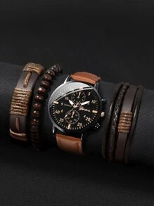 1 Đồng Hồ Thạch Anh Họa Tiết Đường May Nam & 3 Vòng Tay Nhiều Lớp Làm Quà Tặng Cho Học Sinh Trở Lại Trường Học - màu nâu - Xem 2