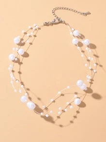 假珍珠裝飾項鍊 - 白色 - 查看 2