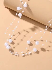 假珍珠裝飾項鍊 - 白色 - 查看 3