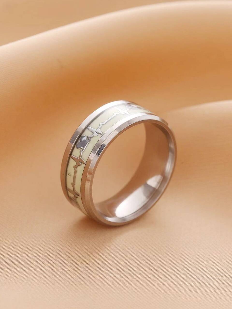 1pc Funky Stainless Steel Glow In The Dark Heartbeat Pattern Single Ring For Men For Daily Decoration