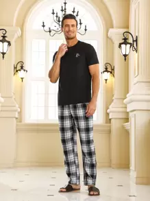 Conjunto de pijama de estampado de cuadros para hombre - Blanco y Negro - Ver 6