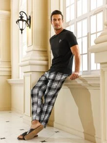 Conjunto de pijama de estampado de cuadros para hombre - Blanco y Negro - Ver 4