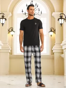 Conjunto de pijama de estampado de cuadros para hombre - Blanco y Negro - Ver 5