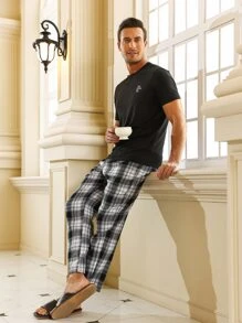 Conjunto de pijama de estampado de cuadros para hombre - Blanco y Negro - Ver 1