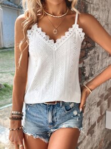 SHEIN Holidaya Áo khoác và áo lót dành cho xe tăng nữ Tương phản ren Tranh thêu màu trơn Boho - trắng - Xem 1