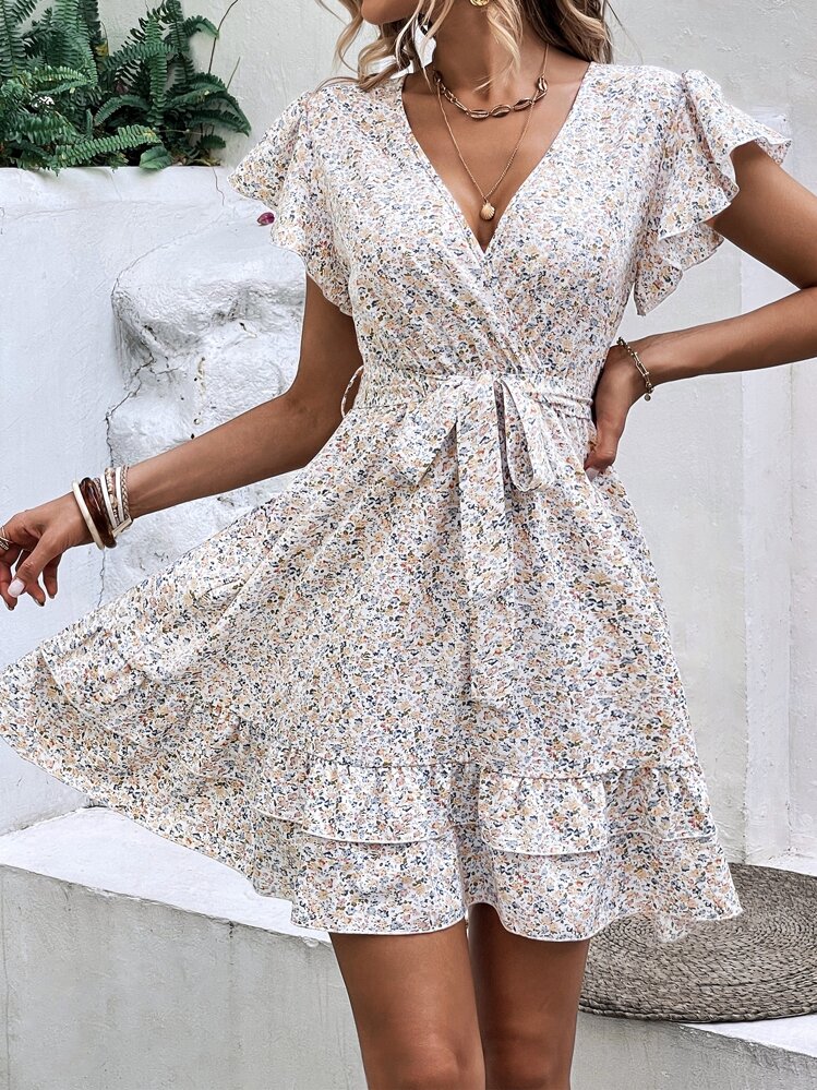 SHEIN Holidaya Ditsy Floral Print Butterfly Sleeve Ruffle Hem Belted Dress - White - View 6
