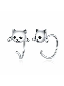 Cat Design Earrings - Silver - View 1