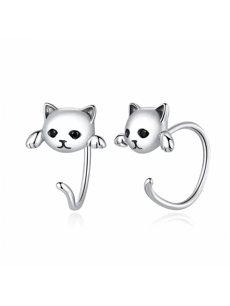 Cat Design Earrings - Silver - View 1