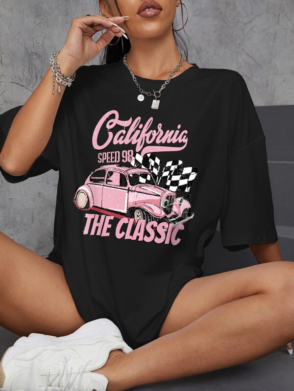 INAWLY Camiseta gráfica oversize de hombro caído con diseño de coche y letra para mujer