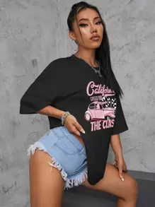 INAWLY Car And Letter Graphic Drop Shoulder Oversized Tee Graphic Tees Women Tops - Black - View 4