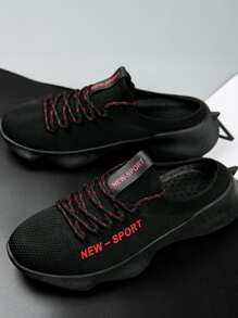Sporty Black Mule Sneakers For Men, Letter Graphic Lace Up Fabric Sneakers