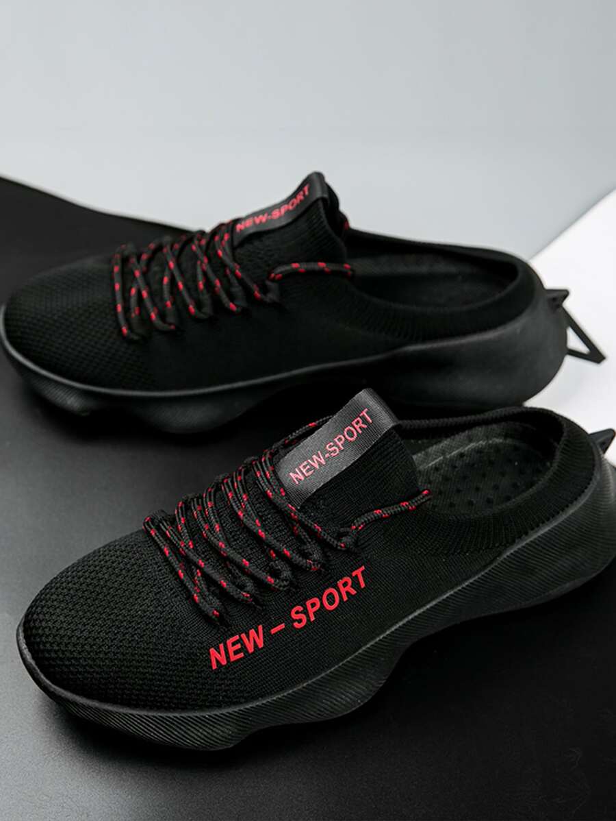 Sporty Black Mule Sneakers For Men, Letter Graphic Lace Up Fabric Sneakers