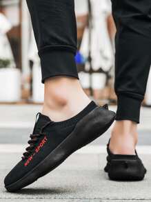 Sporty Black Mule Sneakers For Men, Letter Graphic Lace Up Fabric Sneakers