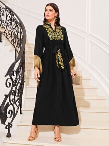 Modelyn Floral Print Fringe Trim Belted Dress Long Evening Dresses - Black - View 1