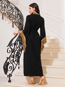 Modelyn Floral Print Fringe Trim Belted Dress Long Evening Dresses - Black - View 2