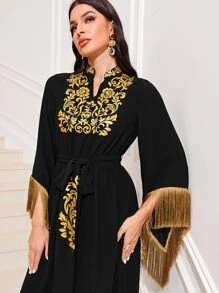 Modelyn Floral Print Fringe Trim Belted Dress Long Evening Dresses - Black - View 5