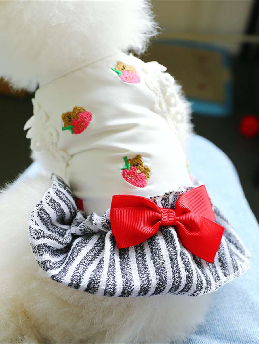 1pc Strawberry Embroidered Pet Dress - Black and White - View 1