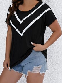 SHEIN LUNE Áo thun Plus size Tương phản ràng buộc In chữ V Giải trí - màu đen - Xem 6