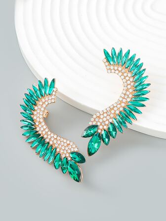 1對奢華鋅合金綠翼扇形水鑽耳釘女式約會禮物