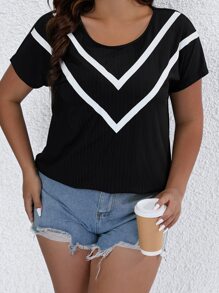 SHEIN LUNE Áo thun Plus size Tương phản ràng buộc In chữ V Giải trí - màu đen - Xem 3