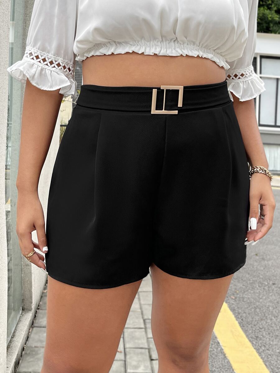 Celure Plus High Waist Belted Shorts - Black - View 1
