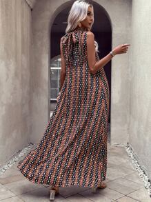 SHEIN VCAY Geo Print Split Thigh Halter Dress Without Belt - Brown - View 2