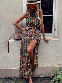 SHEIN VCAY Geo Print Split Thigh Halter Dress Without Belt - Brown - View 4