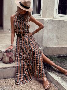 SHEIN VCAY Geo Print Split Thigh Halter Dress Without Belt - Brown - View 7