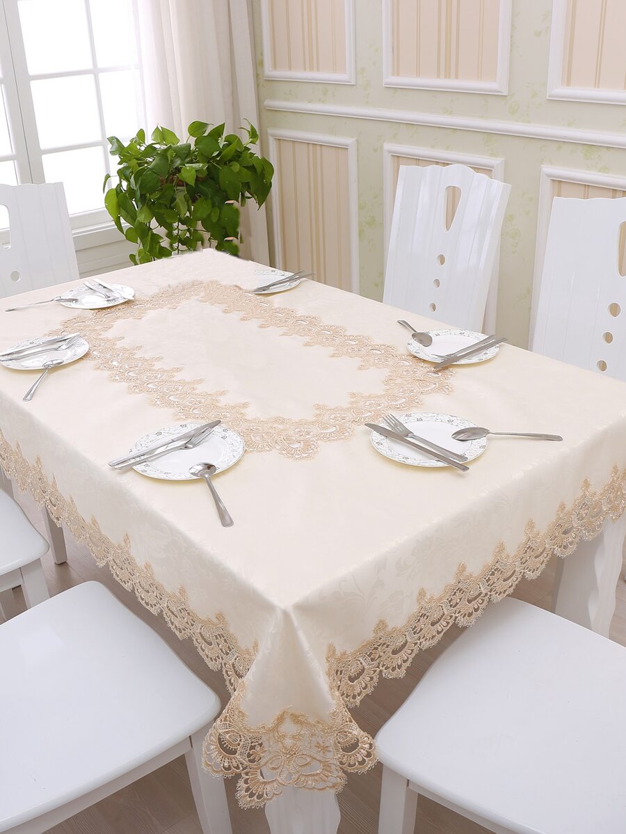 1入組蕾絲裝飾桌布滌綸扇形裝飾防水裝飾布餐桌罩 - 米色 - 查看 1