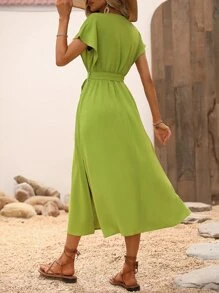 Breezaya V Neck Batwing Sleeve Belted Dress - Lime Green - View 2