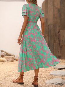 SHEIN VCAY Floral Print Layered Sleeve Knot Front Dress - Green - View 4