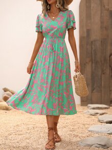 SHEIN VCAY Floral Print Layered Sleeve Knot Front Dress - Green - View 6