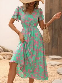 SHEIN VCAY Floral Print Layered Sleeve Knot Front Dress - Green - View 2