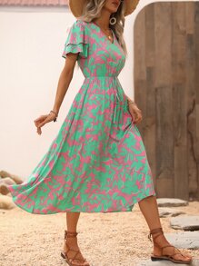 SHEIN VCAY Floral Print Layered Sleeve Knot Front Dress - Green - View 7