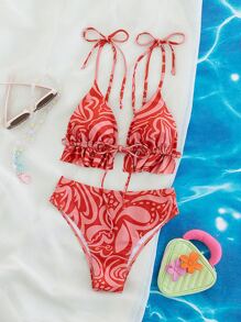 SHEIN Swim Summer Beach Allover Print Ruffle Hem Bikini Set - Red - View 5