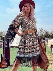 SHEIN VCAY Floral Print Fringe Trim Dress Without Belt Western Women Attire Country Dress - Multicolor - View 1