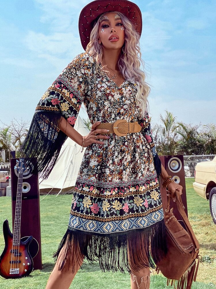 SHEIN VCAY Floral Print Fringe Trim Dress Without Belt Western Women Attire Country Dress