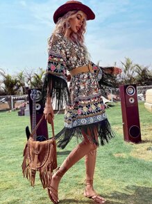 SHEIN VCAY Floral Print Fringe Trim Dress Without Belt Western Women Attire Country Dress - Multicolor - View 4