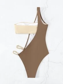 SHEIN Swim 夏季海滩 2 件装链条单肩连体泳衣 - 卡其色 - 查看 5