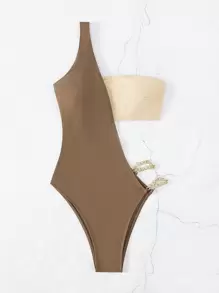 SHEIN Swim 夏季海滩 2 件装链条单肩连体泳衣 - 卡其色 - 查看 6