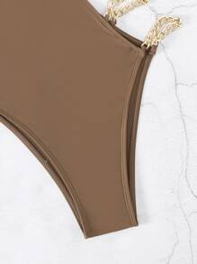SHEIN Swim 夏季海滩 2 件装链条单肩连体泳衣 - 卡其色 - 查看 8