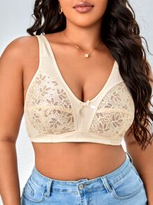 加大對比蕾絲蝴蝶結前扣胸罩內衣 - 杏色 - 查看 1