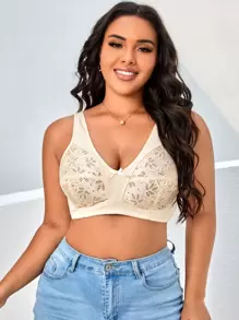 加大對比蕾絲蝴蝶結前扣胸罩內衣 - 杏色 - 查看 4