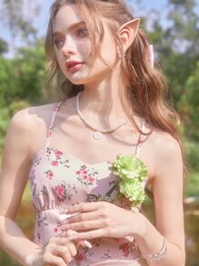 ROMWE Kawaii Ditsy Floral Print Lace Up Backless Cami Dress - Pink - View 4