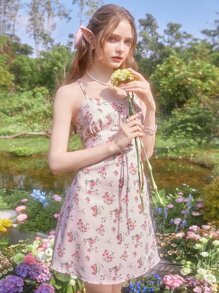 ROMWE Kawaii Ditsy Floral Print Lace Up Backless Cami Dress - Pink - View 5