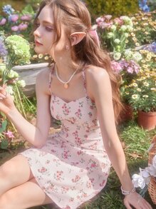 ROMWE Kawaii Ditsy Floral Print Lace Up Backless Cami Dress - Pink - View 6