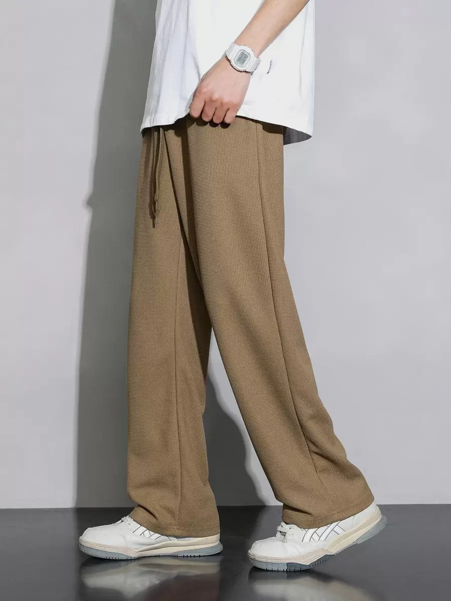 Hombres Pantalones rectos de cintura con cordón - Marrón Mocha - Ver 1